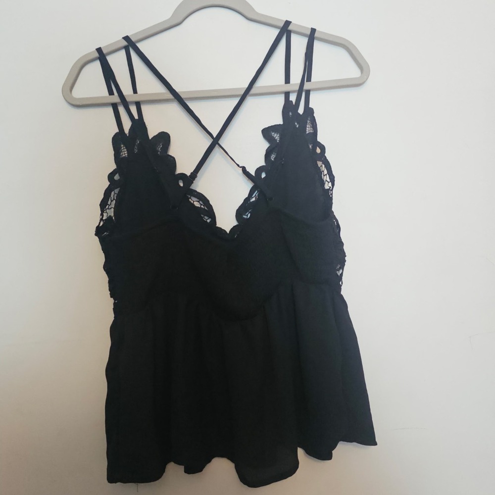 Black Lace Trim Layered Look Open Strappy Back Tank Top Beach Bohemian L